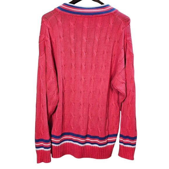Vintage 80s Lord Jeff Pink Cable Knit Tennis Sweater XL USA Cotton Preppy V-Neck - Picture 6 of 9